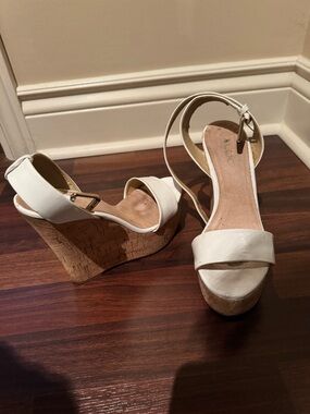 Aldo White Cork Platform Wedge Sandals with Ankle Strap